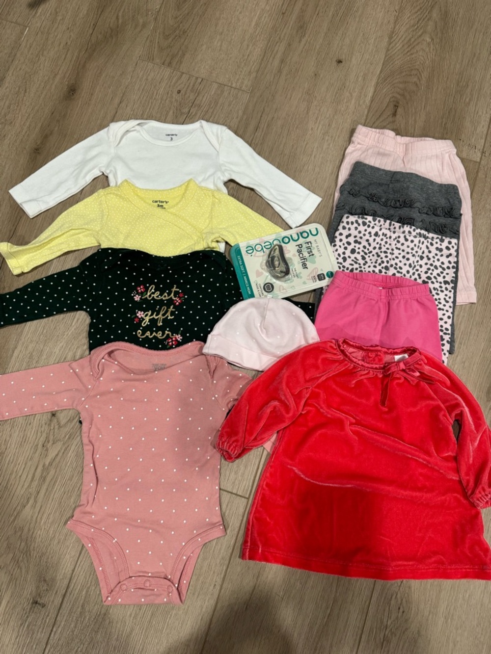 Baby Girl Mixed Outfit Bundle with Red Velvet Dress & Polka Dot Onesie size 3m